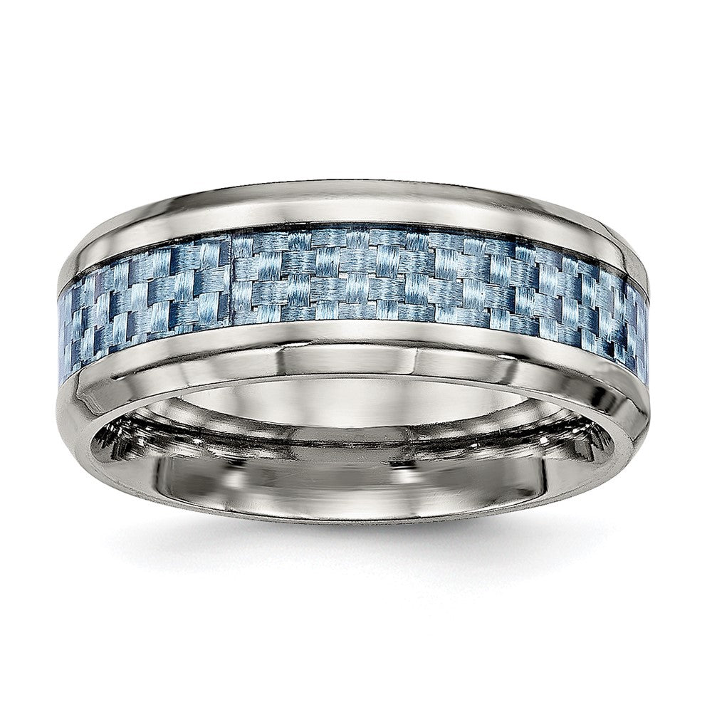 Men's 8mm Titanium & Light Blue Carbon Fiber Beveled Comfort Fit Band, Item R12009 by The Black Bow Jewelry Co.