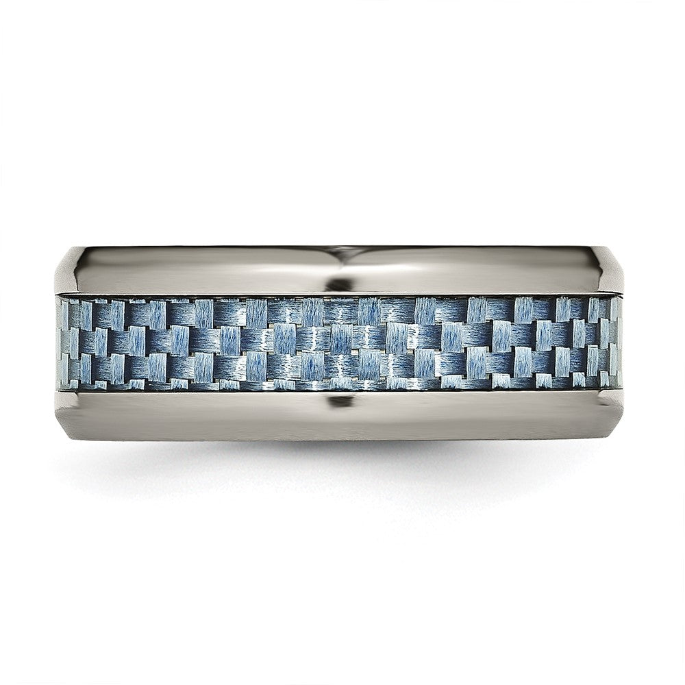 Alternate view of the Men's 8mm Titanium & Light Blue Carbon Fiber Beveled Comfort Fit Band by The Black Bow Jewelry Co.