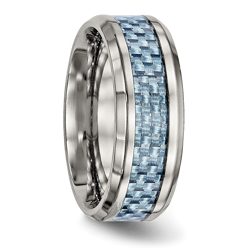 Alternate view of the Men's 8mm Titanium & Light Blue Carbon Fiber Beveled Comfort Fit Band by The Black Bow Jewelry Co.