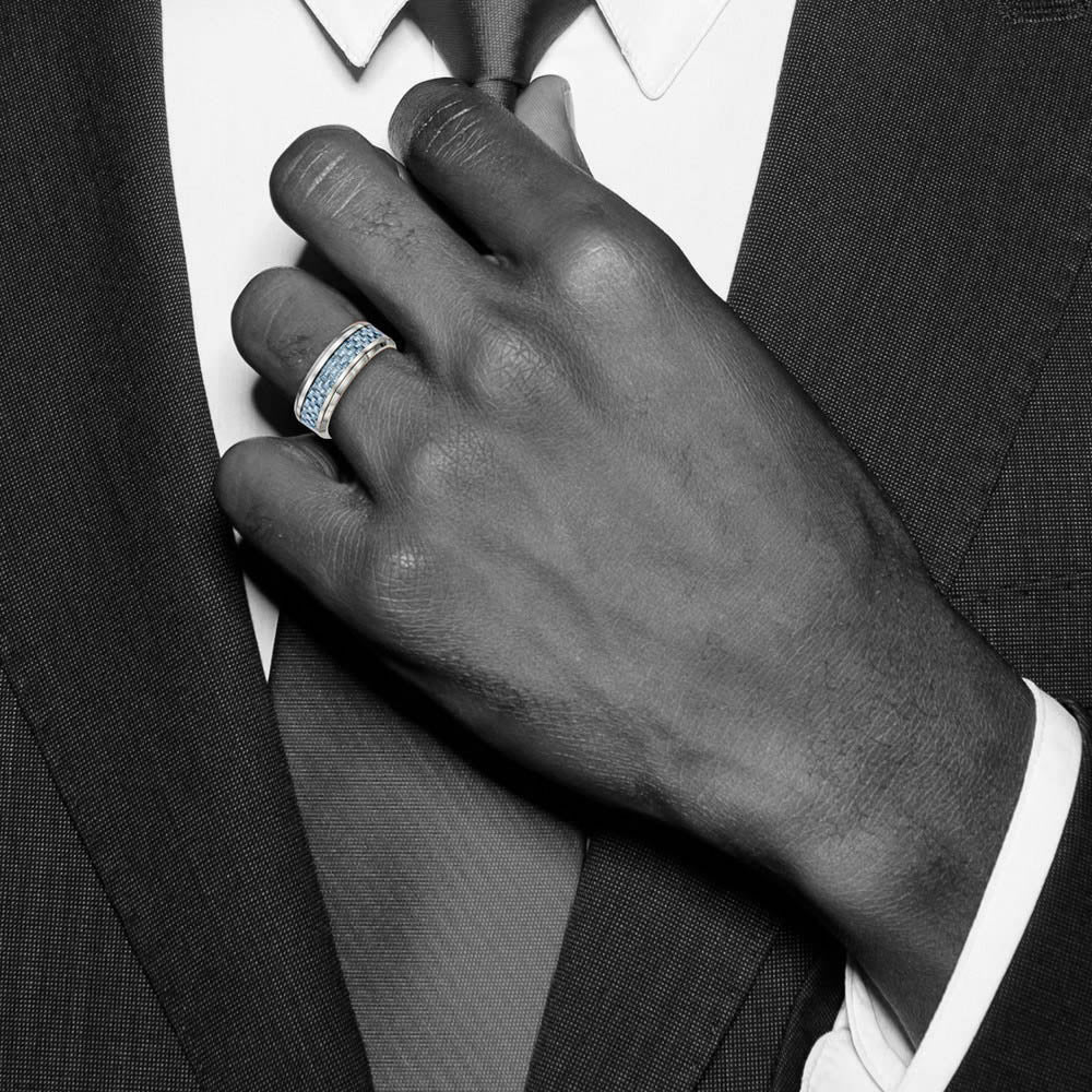 Alternate view of the Men's 8mm Titanium & Light Blue Carbon Fiber Beveled Comfort Fit Band by The Black Bow Jewelry Co.