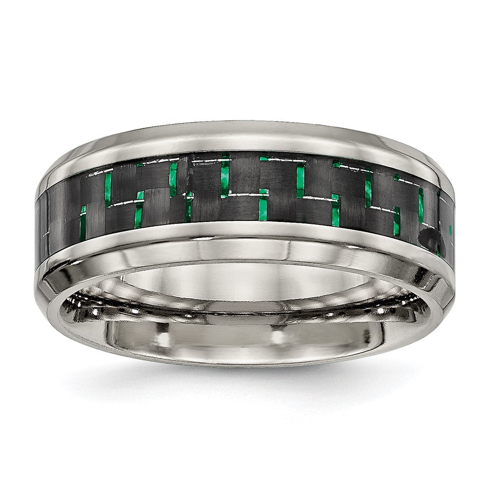 Men's 8mm Titanium Black/Green Carbon Fiber Beveled Comfort Fit Band, Item R12010 by The Black Bow Jewelry Co.