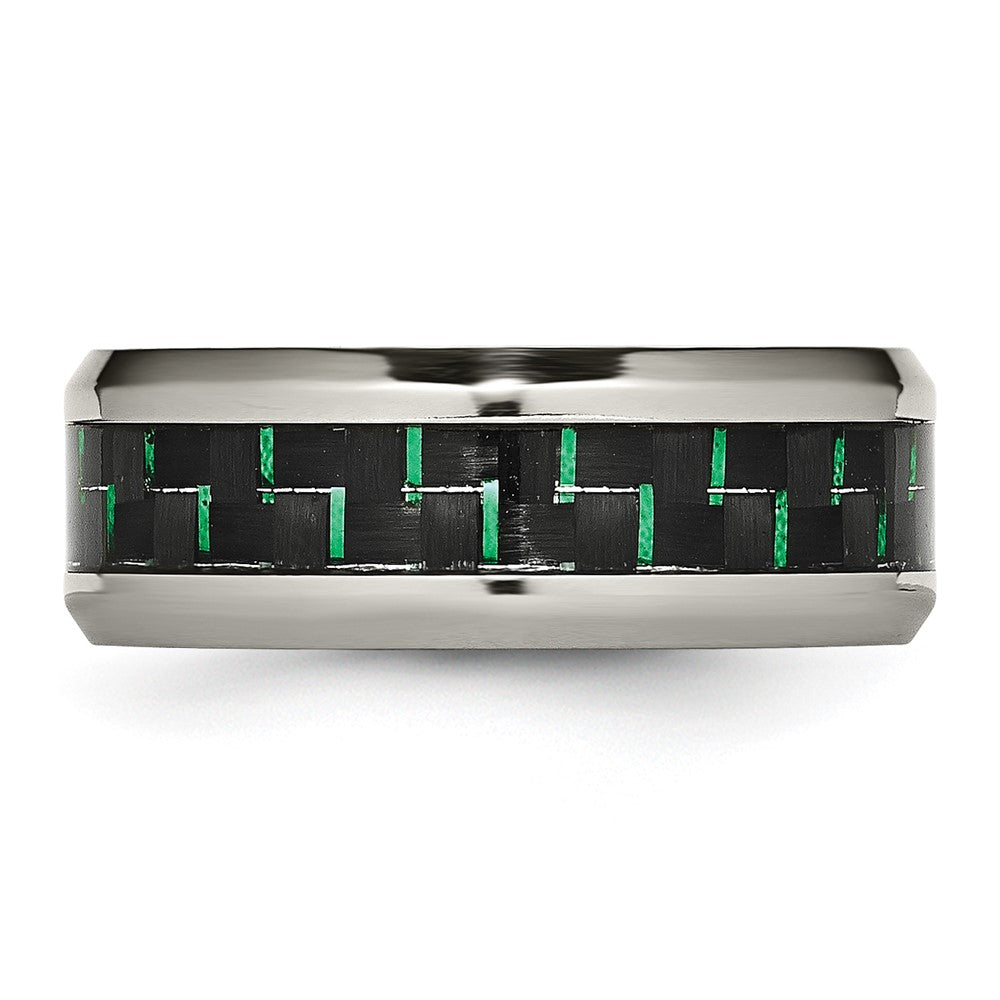 Alternate view of the Men's 8mm Titanium Black/Green Carbon Fiber Beveled Comfort Fit Band by The Black Bow Jewelry Co.