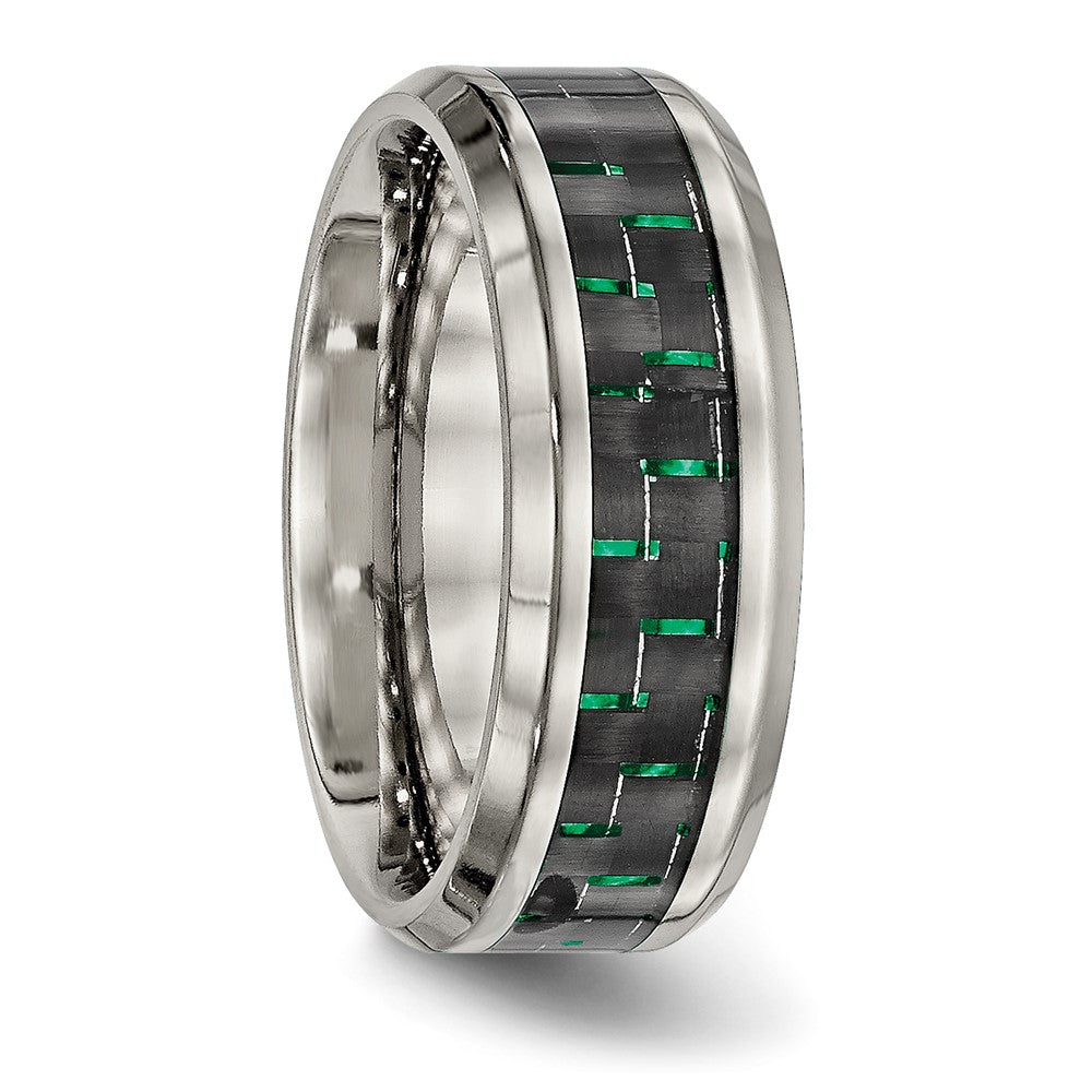 Alternate view of the Men's 8mm Titanium Black/Green Carbon Fiber Beveled Comfort Fit Band by The Black Bow Jewelry Co.