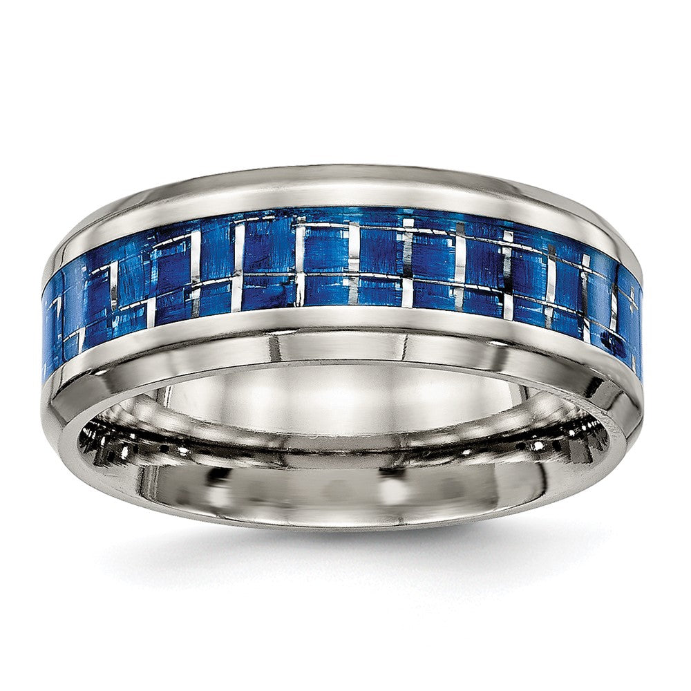 Mens 8mm Titanium Blue/White Carbon Fiber Beveled Comfort Fit Band, Item R12011 by The Black Bow Jewelry Co.