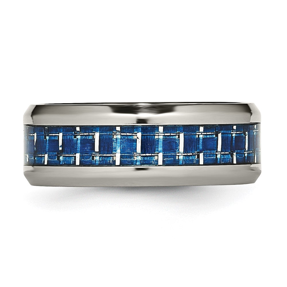 Alternate view of the Mens 8mm Titanium Blue/White Carbon Fiber Beveled Comfort Fit Band by The Black Bow Jewelry Co.