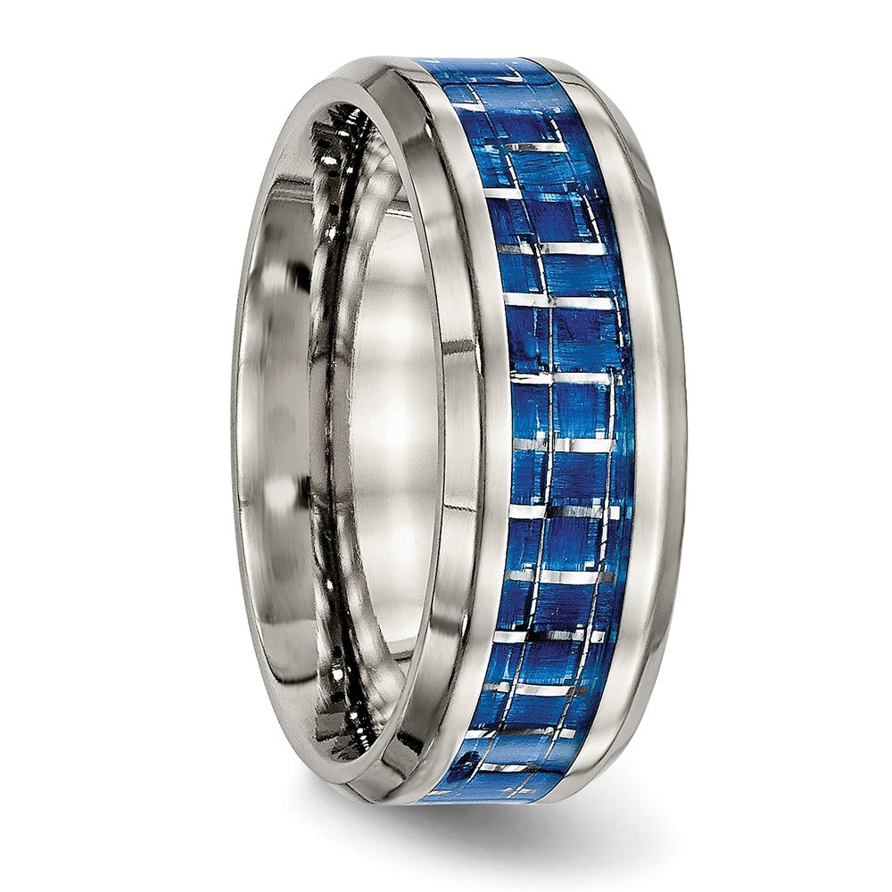 Alternate view of the Mens 8mm Titanium Blue/White Carbon Fiber Beveled Comfort Fit Band by The Black Bow Jewelry Co.