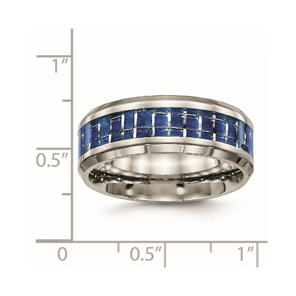 Alternate view of the Mens 8mm Titanium Blue/White Carbon Fiber Beveled Comfort Fit Band by The Black Bow Jewelry Co.