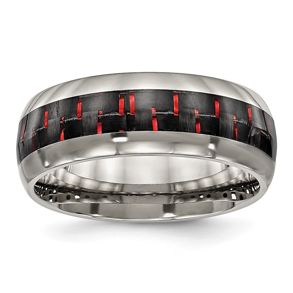 Men's 8mm Titanium Black/Red Carbon Fiber Domed Comfort Fit Band, Item R12012 by The Black Bow Jewelry Co.