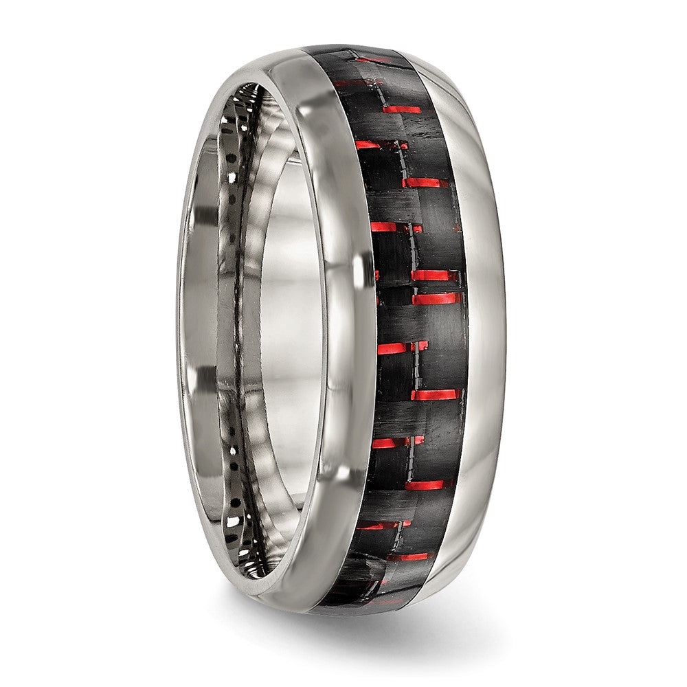 Alternate view of the Men's 8mm Titanium Black/Red Carbon Fiber Domed Comfort Fit Band by The Black Bow Jewelry Co.