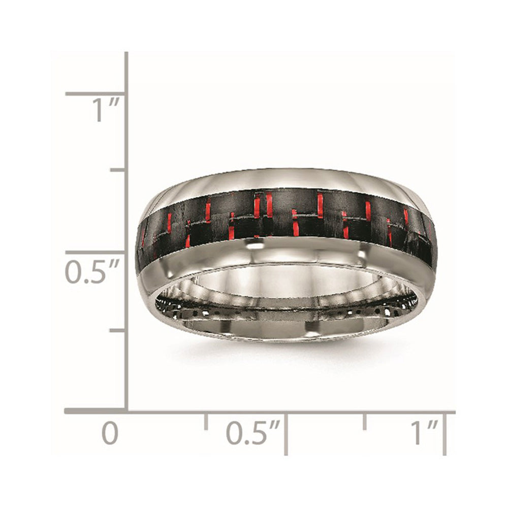 Alternate view of the Men's 8mm Titanium Black/Red Carbon Fiber Domed Comfort Fit Band by The Black Bow Jewelry Co.