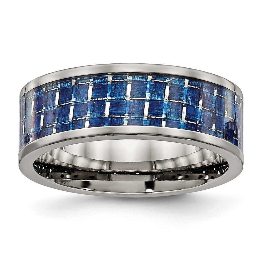 Men's 8mm Titanium Blue/White Carbon Fiber Flat Comfort Fit Band, Item R12013 by The Black Bow Jewelry Co.