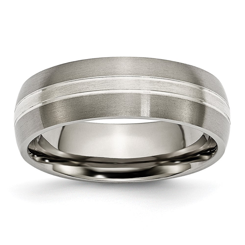 7mm Titanium &amp; Sterling Silver Inlay Brushed Grooved Domed Band, Item R12016 by The Black Bow Jewelry Co.