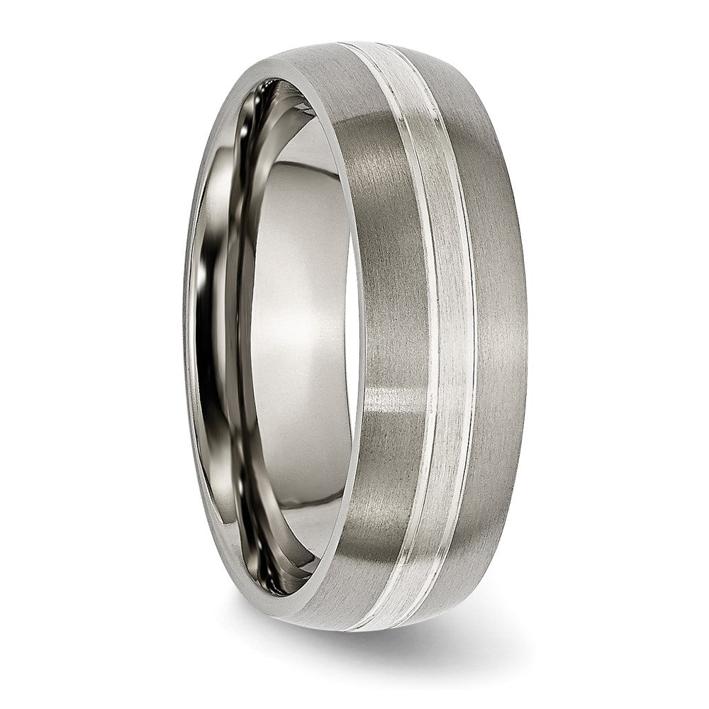Alternate view of the 7mm Titanium &amp; Sterling Silver Inlay Brushed Grooved Domed Band by The Black Bow Jewelry Co.