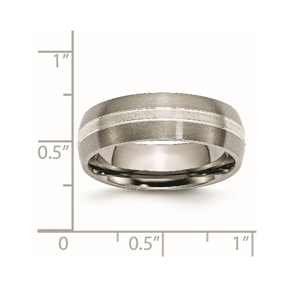 Alternate view of the 7mm Titanium &amp; Sterling Silver Inlay Brushed Grooved Domed Band by The Black Bow Jewelry Co.