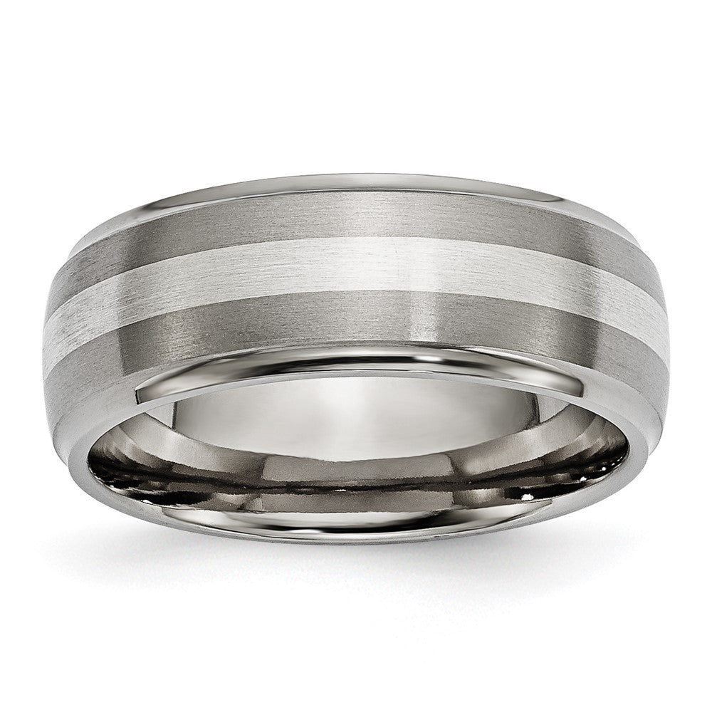 Men&#39;s 8mm Titanium &amp; Sterling Silver Ridged Edge Standard Fit Band, Item R12018 by The Black Bow Jewelry Co.