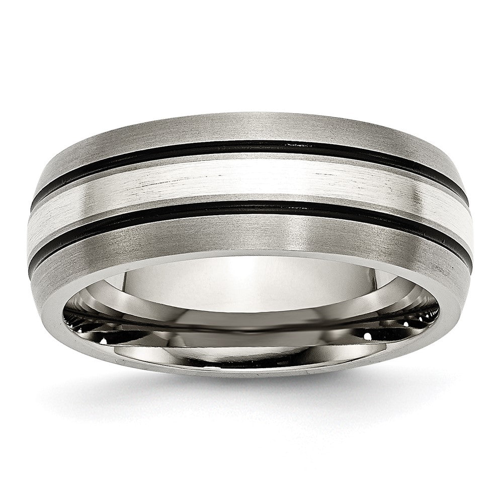 8mm Titanium &amp; Sterling Silver Inlay Antiqued/Brushed Grooved Band, Item R12020 by The Black Bow Jewelry Co.