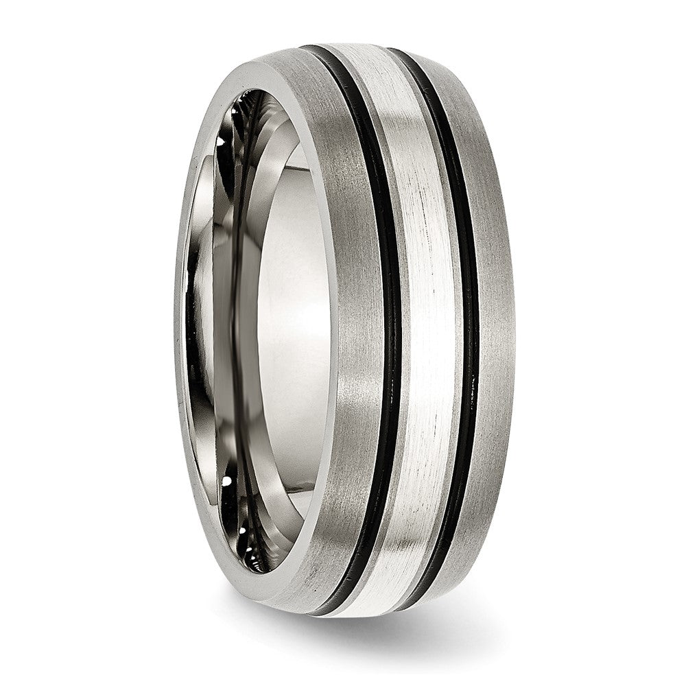 Alternate view of the 8mm Titanium &amp; Sterling Silver Inlay Antiqued/Brushed Grooved Band by The Black Bow Jewelry Co.