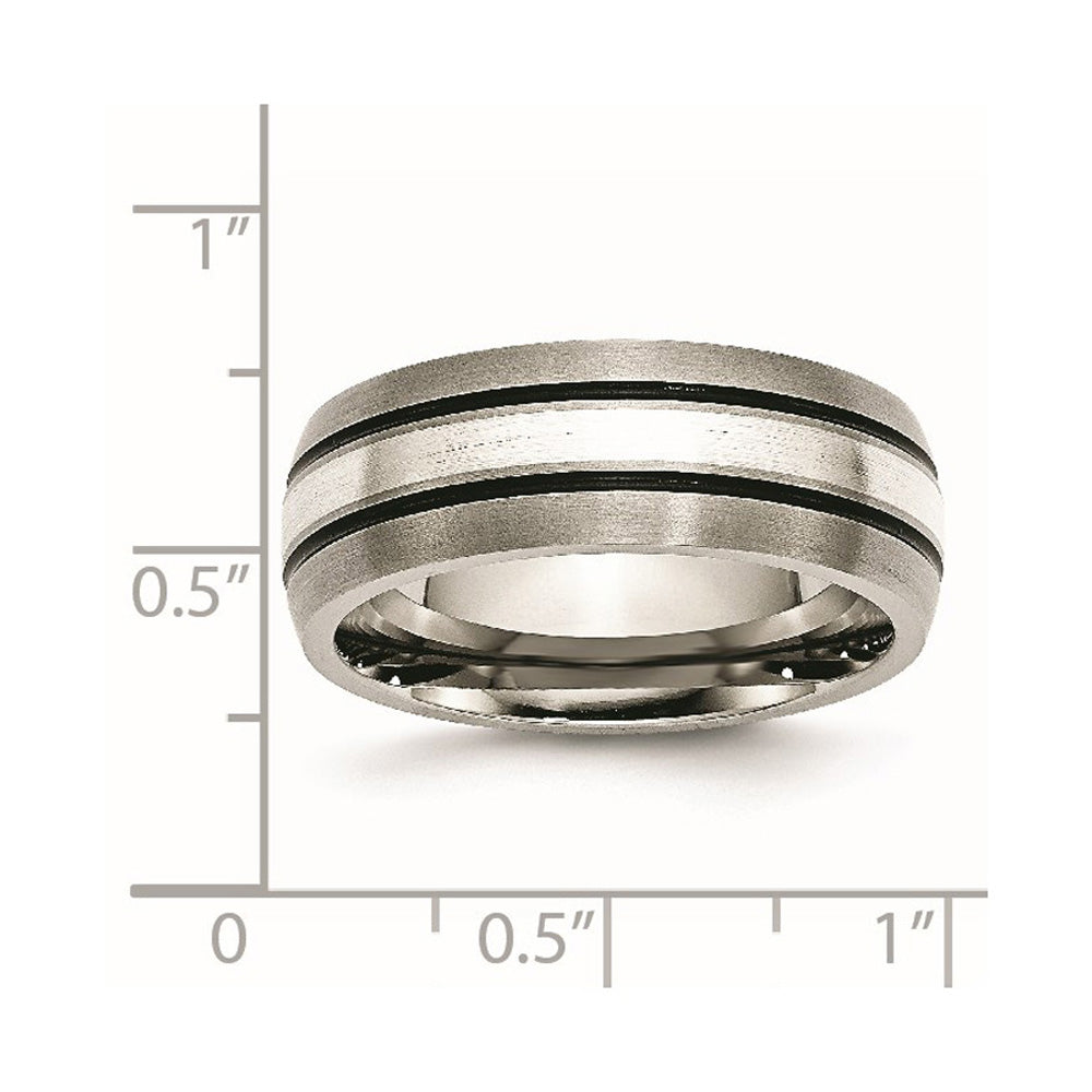Alternate view of the 8mm Titanium &amp; Sterling Silver Inlay Antiqued/Brushed Grooved Band by The Black Bow Jewelry Co.