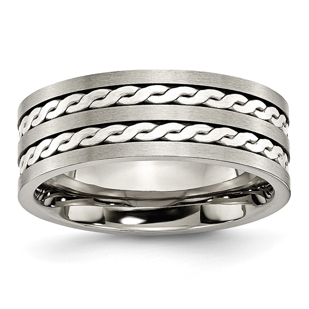 8mm Titanium &amp; Sterling Silver Braided Inlay Flat Comfort Fit Band, Item R12023 by The Black Bow Jewelry Co.
