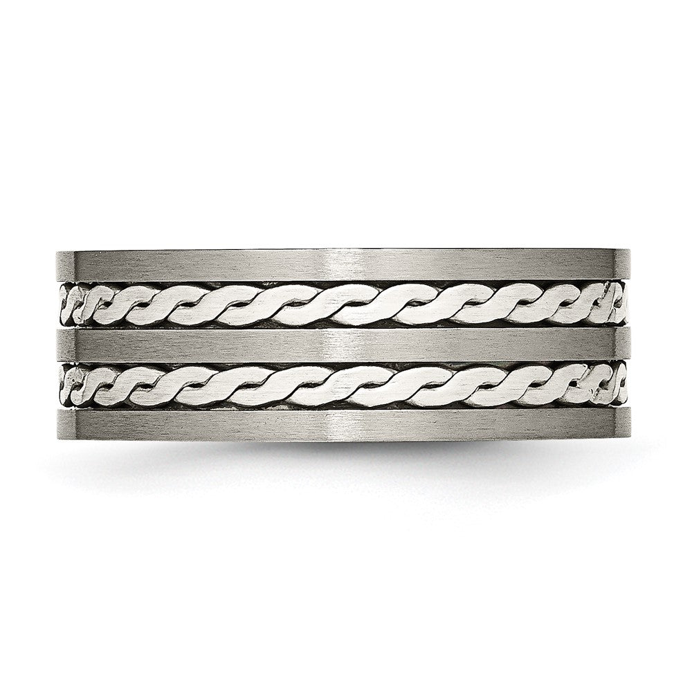 Alternate view of the 8mm Titanium &amp; Sterling Silver Braided Inlay Flat Comfort Fit Band by The Black Bow Jewelry Co.