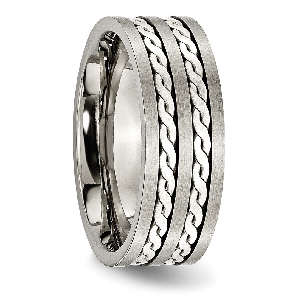 Alternate view of the 8mm Titanium &amp; Sterling Silver Braided Inlay Flat Comfort Fit Band by The Black Bow Jewelry Co.