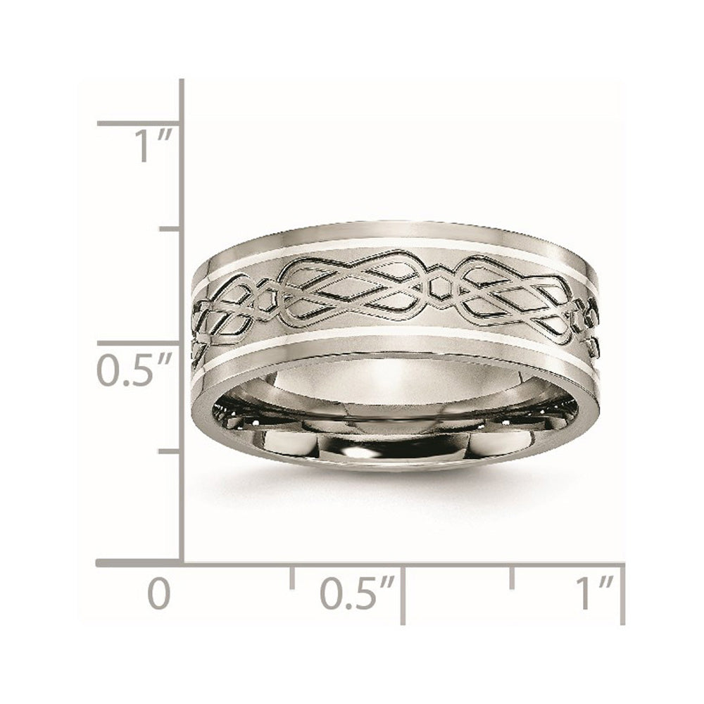 Alternate view of the Men&#39;s 8mm Titanium Sterling Silver Inlay Grooved Celtic Knot Flat Band by The Black Bow Jewelry Co.