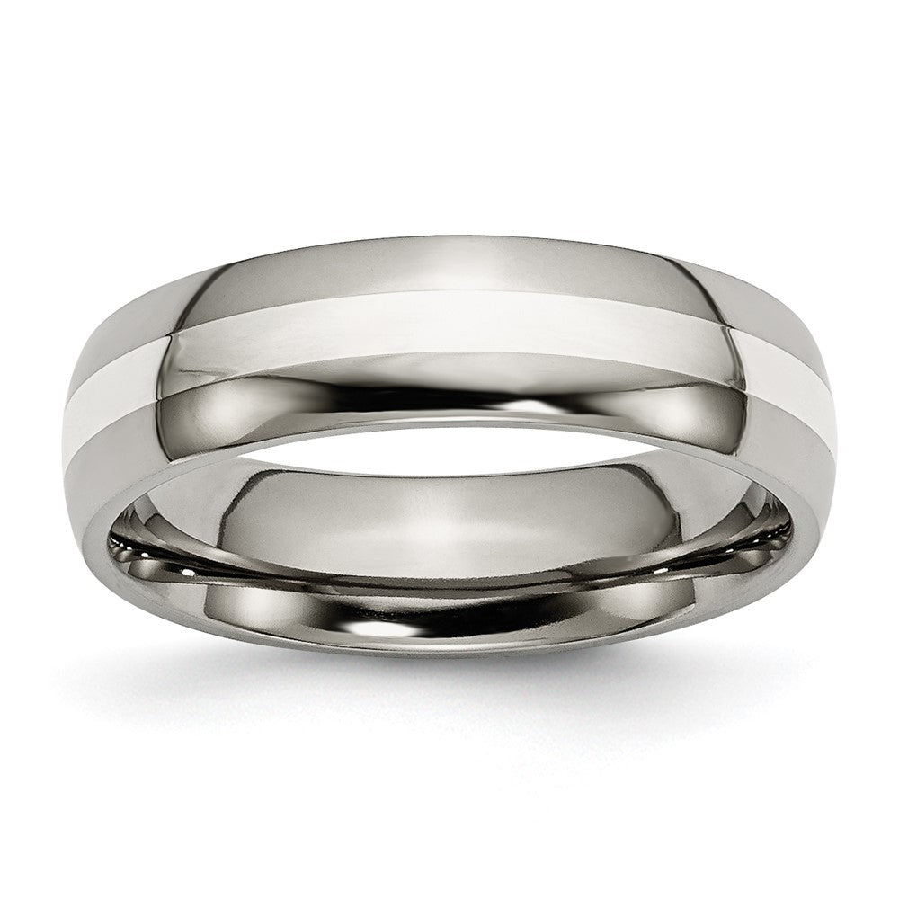 6mm Titanium &amp; Sterling Silver Inlay Polished Domed Standard Fit Band, Item R12025 by The Black Bow Jewelry Co.