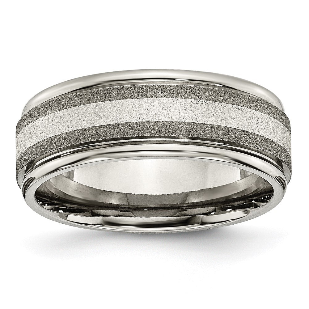 Mens 8mm Titanium Sterling Silver Inlay Stone Finish Grooved Edge Band, Item R12027 by The Black Bow Jewelry Co.
