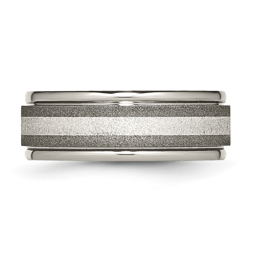 Alternate view of the Mens 8mm Titanium Sterling Silver Inlay Stone Finish Grooved Edge Band by The Black Bow Jewelry Co.