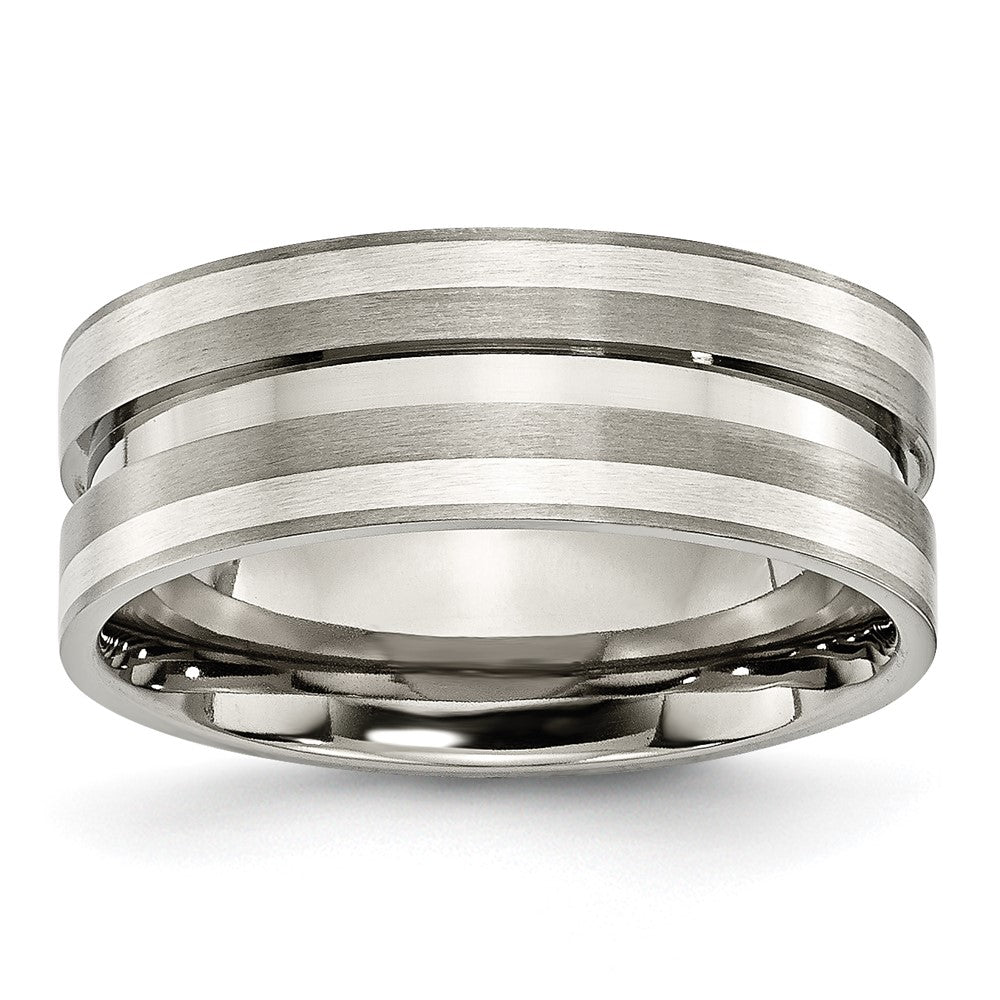 8mm Titanium &amp; Sterling Silver Inlay Brushed Grooved Standard Fit Band, Item R12028 by The Black Bow Jewelry Co.