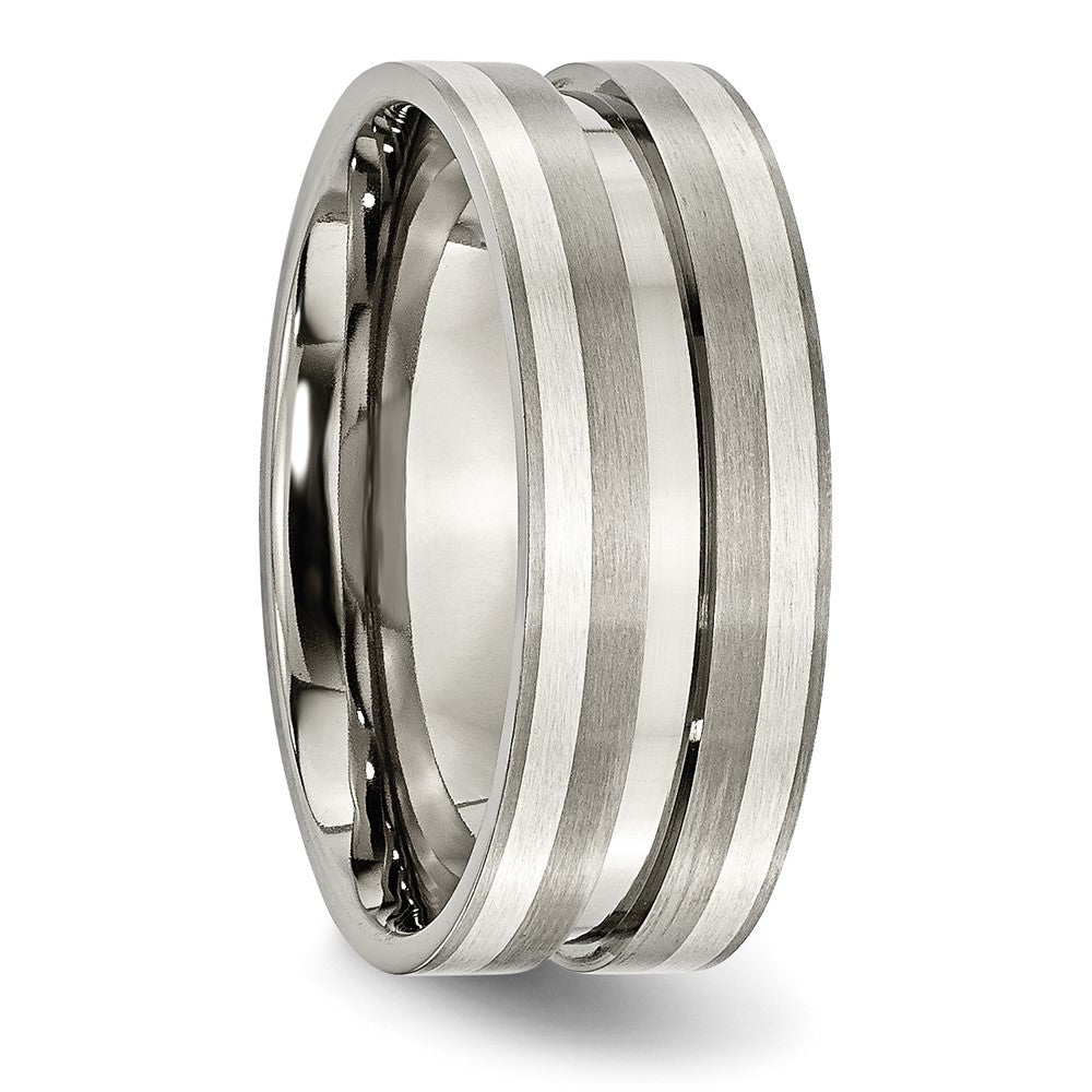Alternate view of the 8mm Titanium &amp; Sterling Silver Inlay Brushed Grooved Standard Fit Band by The Black Bow Jewelry Co.