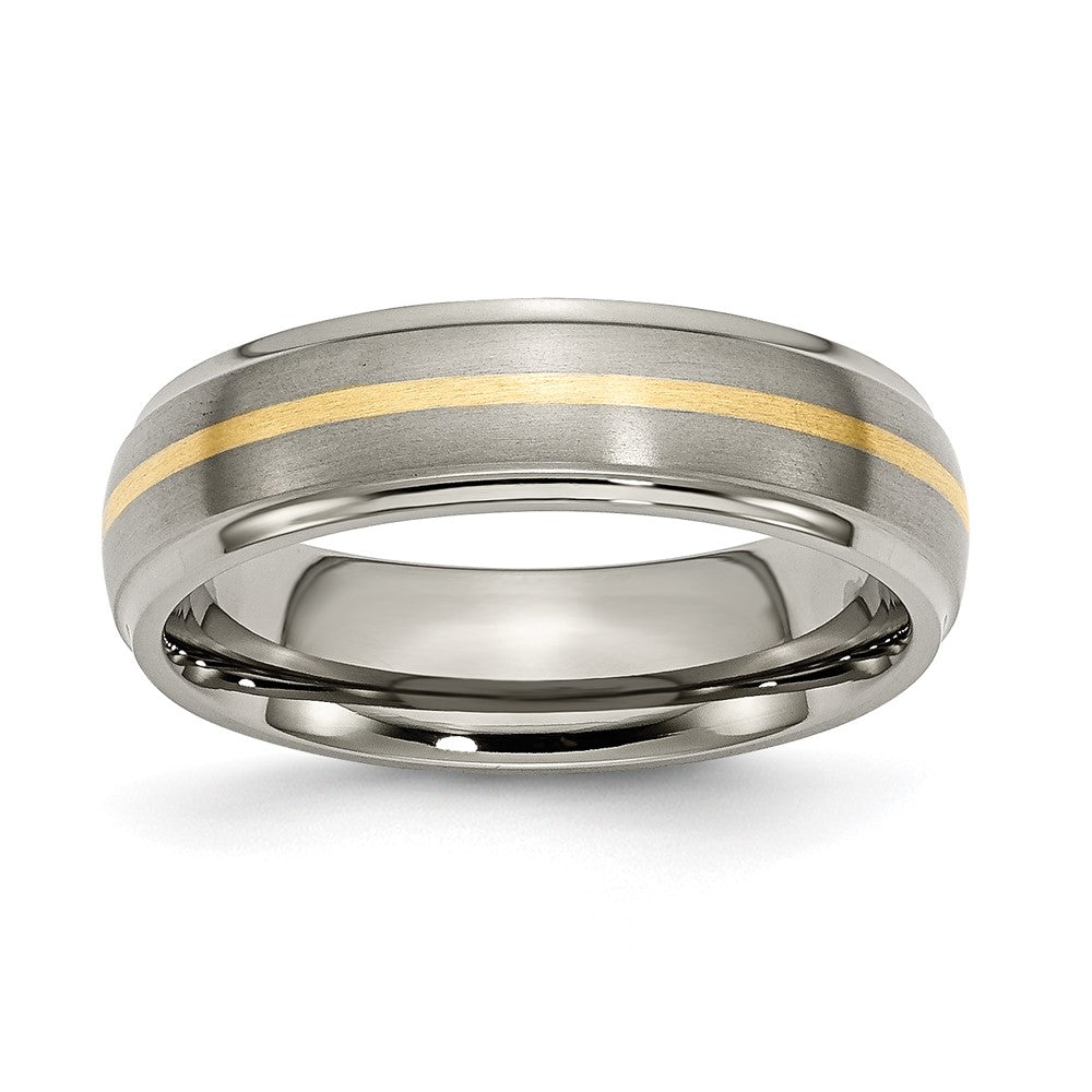 6mm Titanium & 14k Gold Inlay Ridged Edge Standard Fit Band, Item R12029 by The Black Bow Jewelry Co.