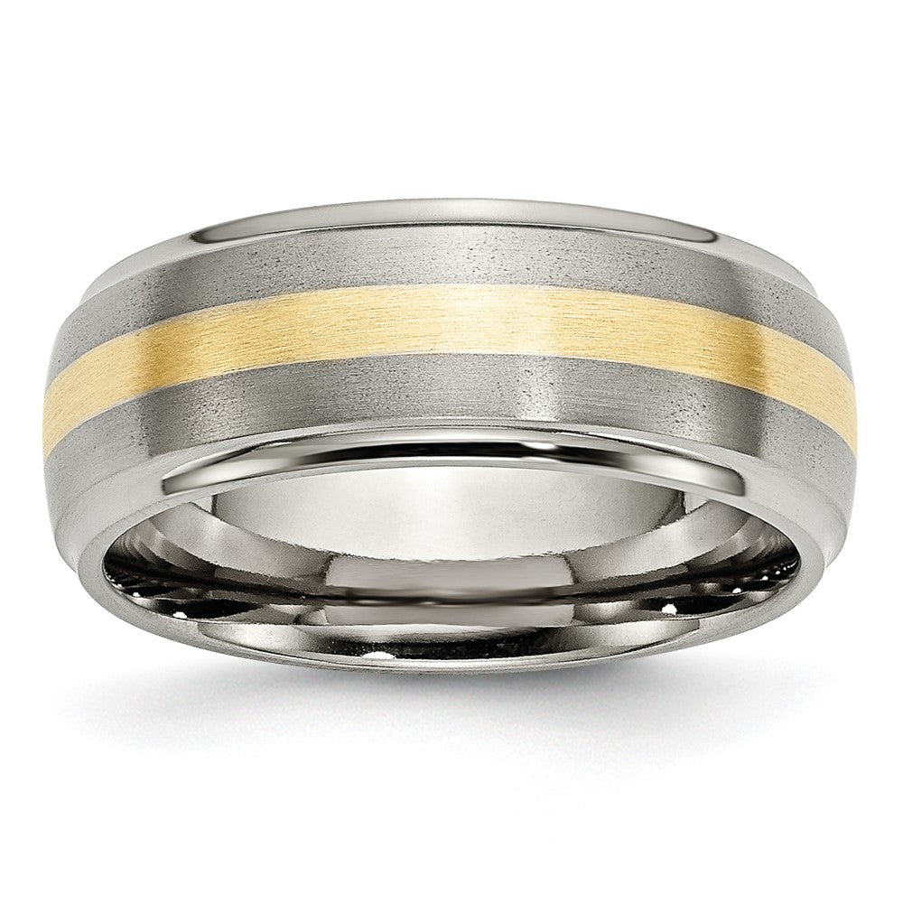 Mens 8mm Titanium & 14k Gold Inlay Domed Ridged Edge Standard Fit Band, Item R12031 by The Black Bow Jewelry Co.