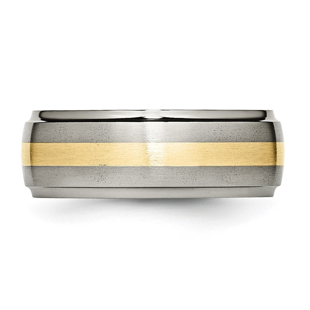 Alternate view of the Mens 8mm Titanium & 14k Gold Inlay Domed Ridged Edge Standard Fit Band by The Black Bow Jewelry Co.
