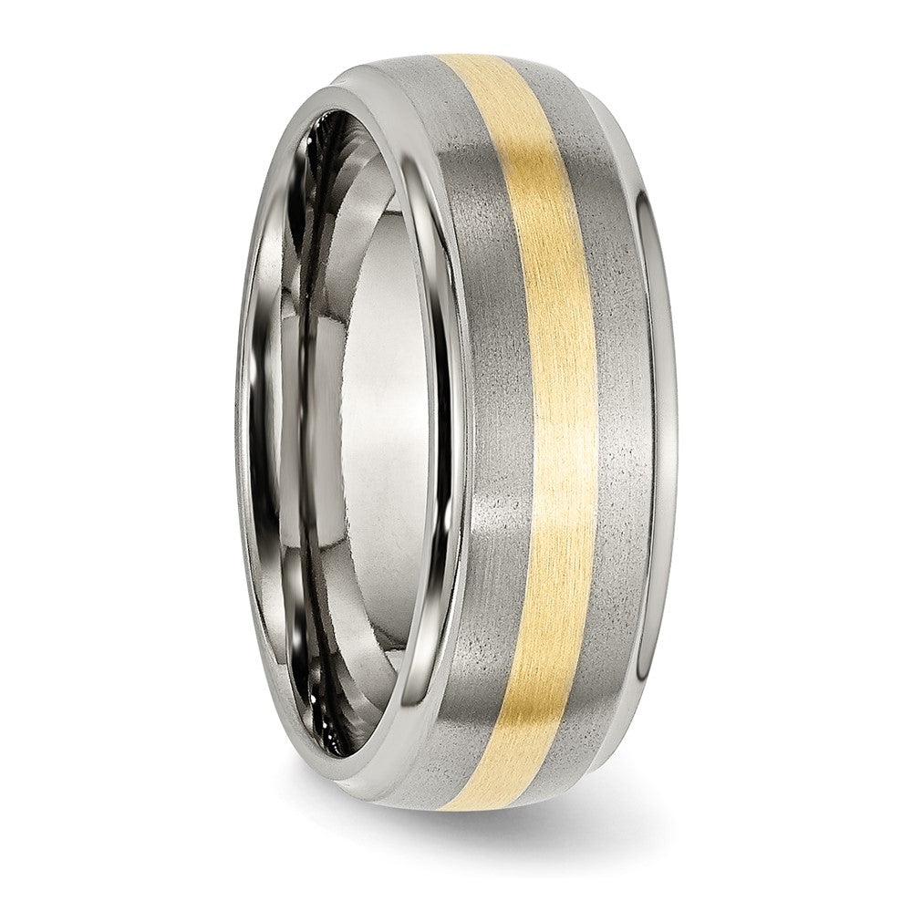 Alternate view of the Mens 8mm Titanium & 14k Gold Inlay Domed Ridged Edge Standard Fit Band by The Black Bow Jewelry Co.