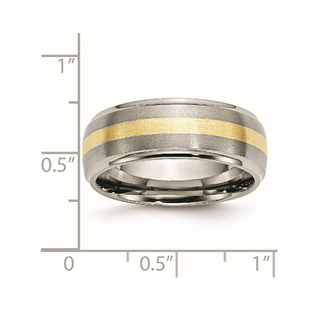 Alternate view of the Mens 8mm Titanium & 14k Gold Inlay Domed Ridged Edge Standard Fit Band by The Black Bow Jewelry Co.
