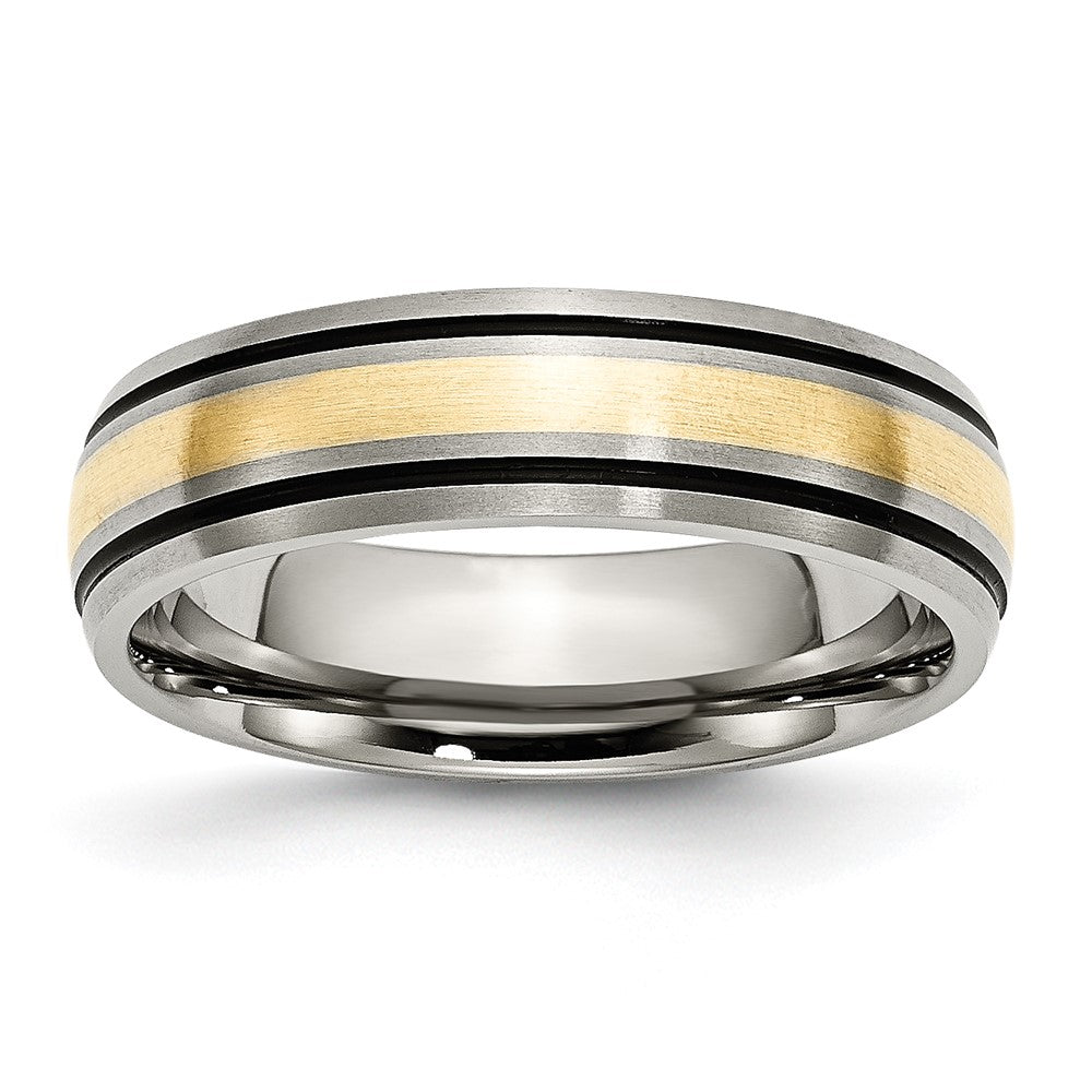 6mm Titanium &amp; 14K Gold Inlay Antiqued/Brushed Grooved Band, Item R12032 by The Black Bow Jewelry Co.