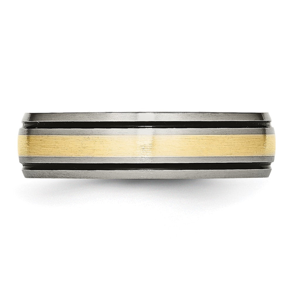 Alternate view of the 6mm Titanium &amp; 14K Gold Inlay Antiqued/Brushed Grooved Band by The Black Bow Jewelry Co.
