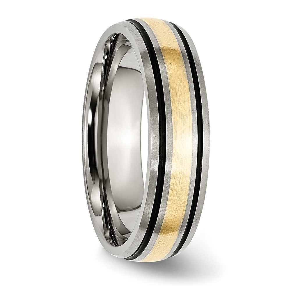 Alternate view of the 6mm Titanium & 14K Gold Inlay Antiqued/Brushed Grooved Band by The Black Bow Jewelry Co.