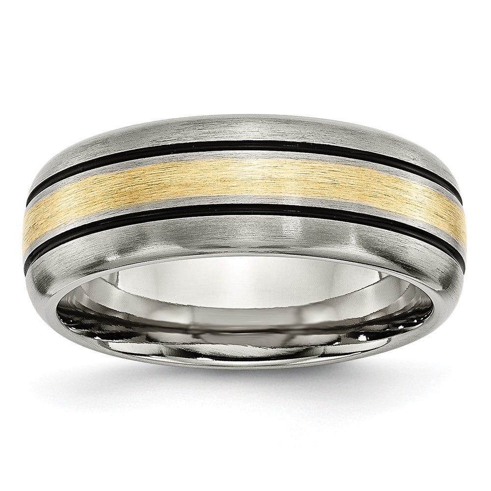 Men's 8mm Titanium & 14K Gold Inlay Antiqued/Brushed Grooved Band, Item R12033 by The Black Bow Jewelry Co.