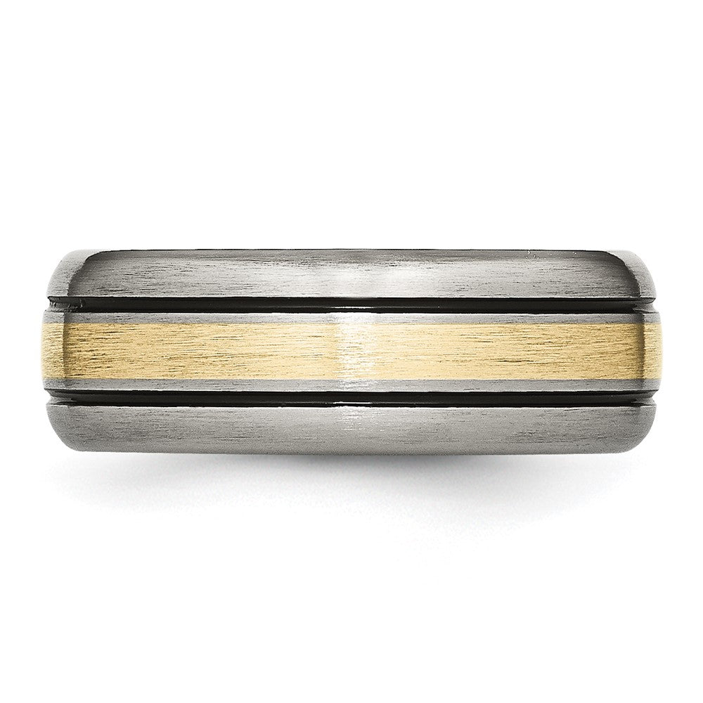 Alternate view of the Men's 8mm Titanium & 14K Gold Inlay Antiqued/Brushed Grooved Band by The Black Bow Jewelry Co.