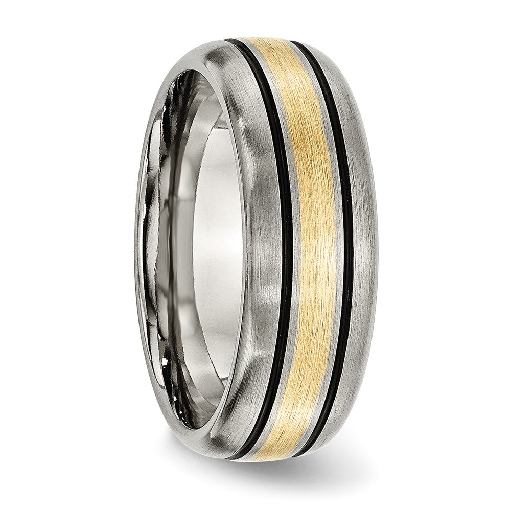 Alternate view of the Men's 8mm Titanium & 14K Gold Inlay Antiqued/Brushed Grooved Band by The Black Bow Jewelry Co.