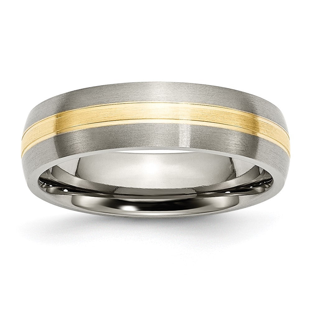 6mm Titanium & 14k Gold Inlay Grooved Domed Standard Fit Band, Item R12034 by The Black Bow Jewelry Co.