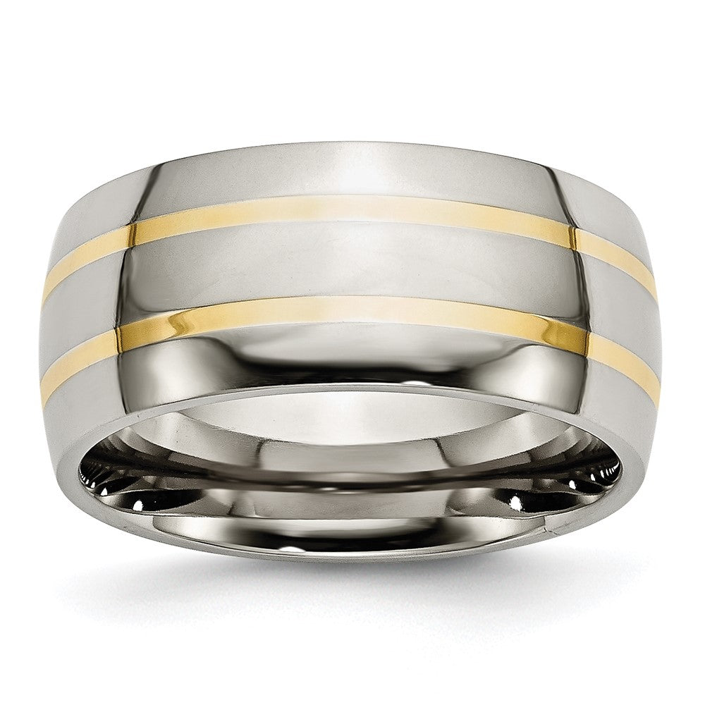 Men&#39;s 10mm Titanium &amp; 14k Gold Inlay Polished Domed Band, Item R12035 by The Black Bow Jewelry Co.