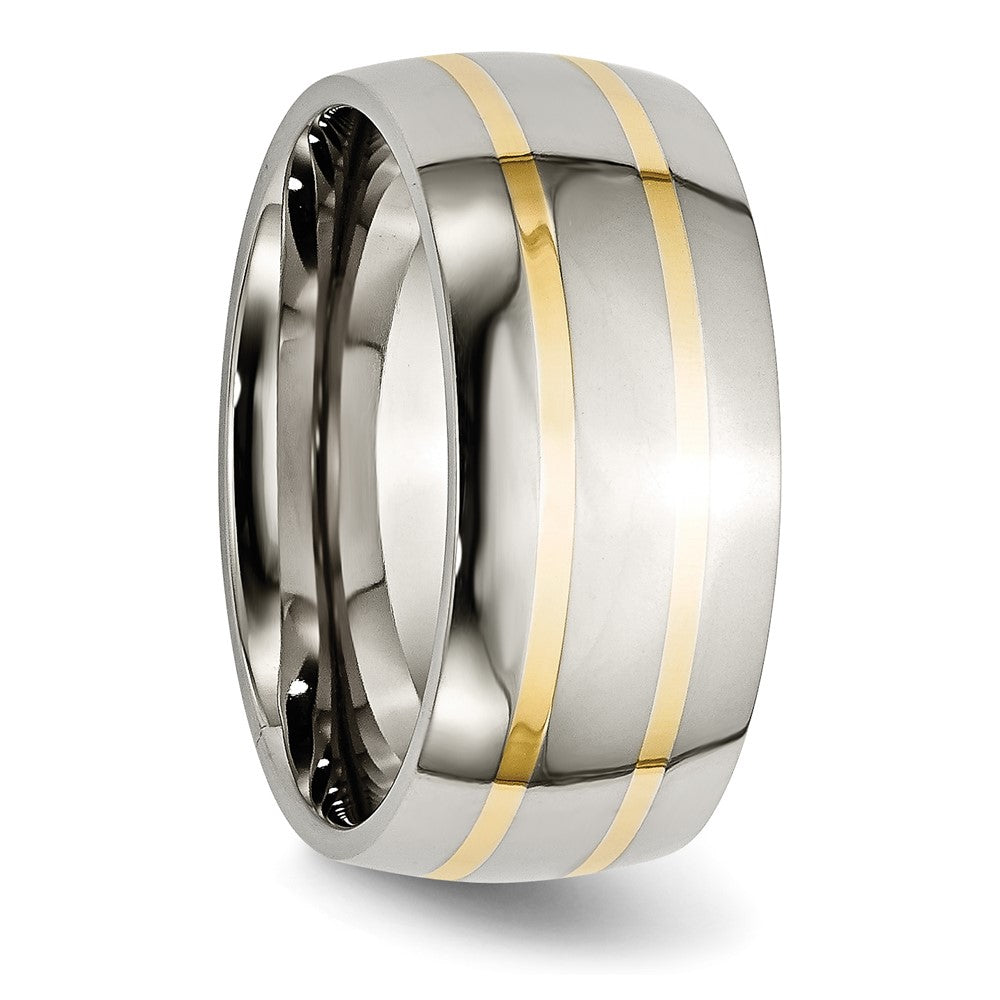 Alternate view of the Men&#39;s 10mm Titanium &amp; 14k Gold Inlay Polished Domed Band by The Black Bow Jewelry Co.