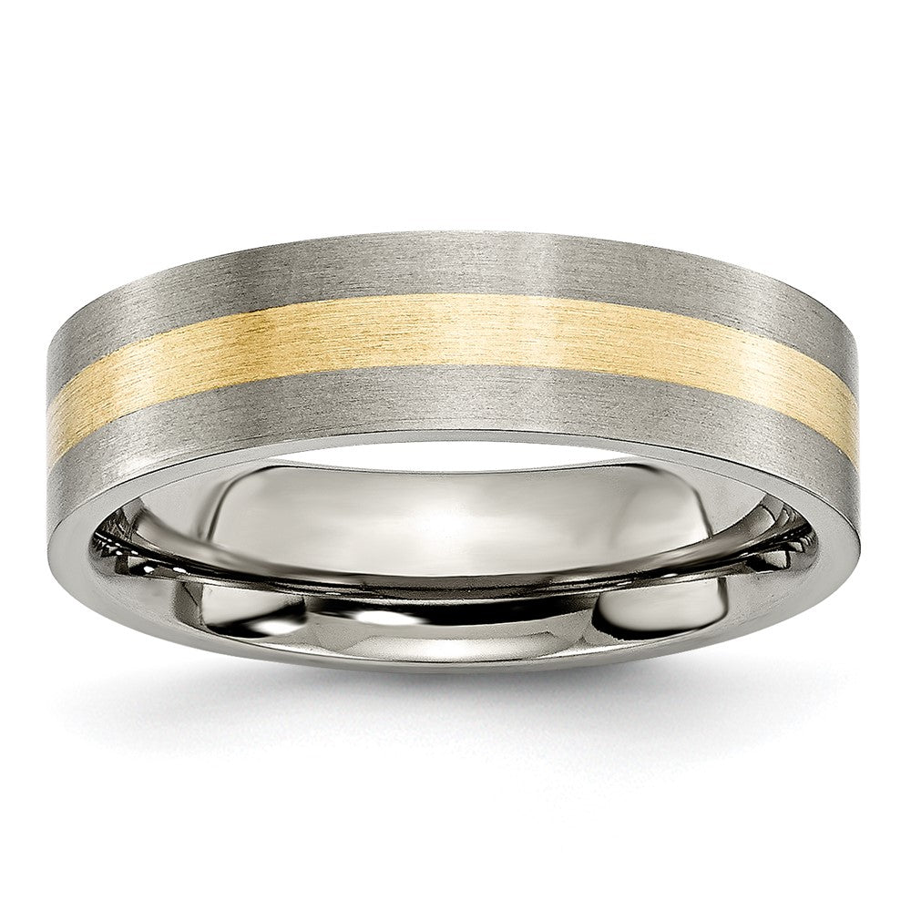 6mm Titanium &amp; 14k Gold Inlay Flat Satin Standard Fit Band, Item R12037 by The Black Bow Jewelry Co.