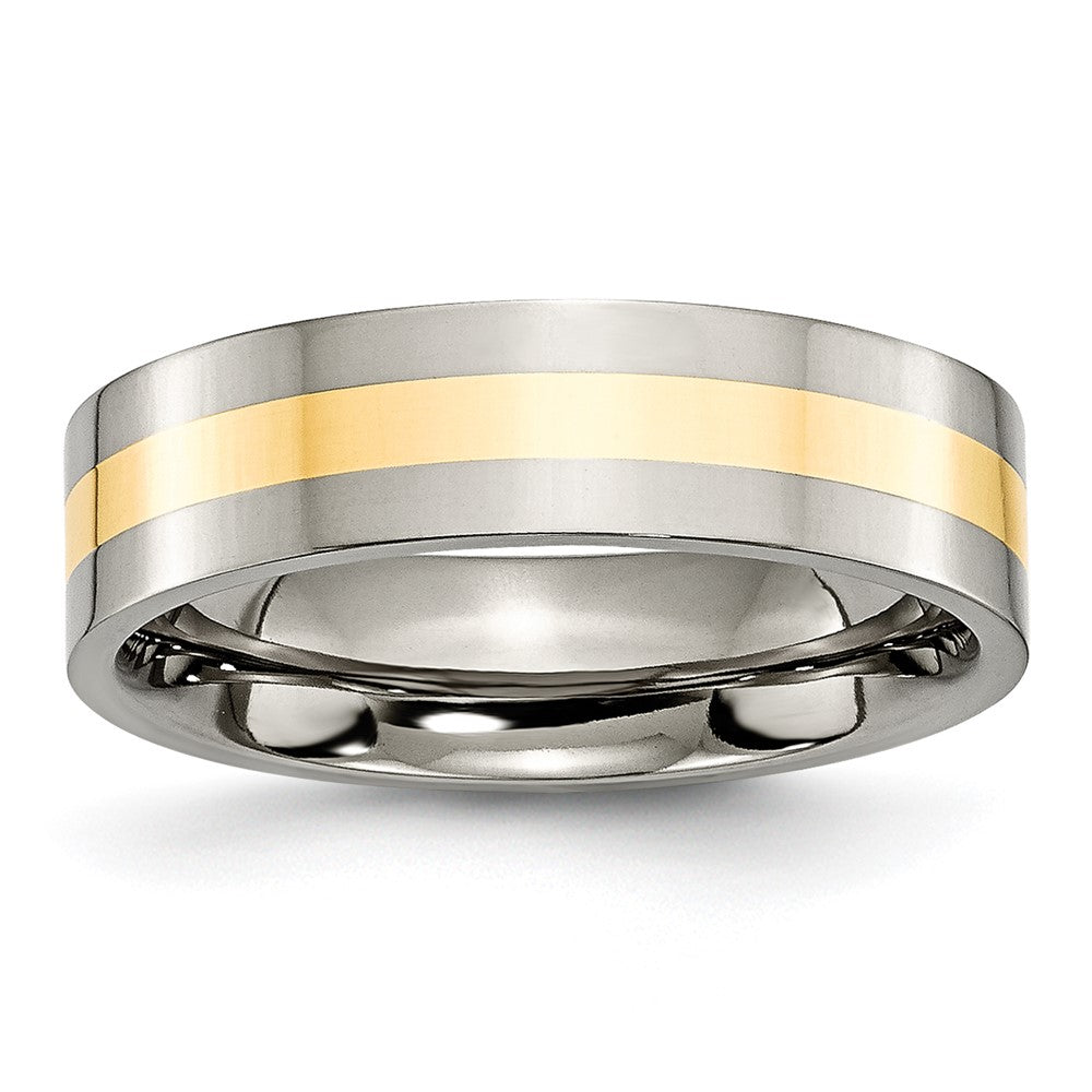 6mm Titanium &amp; 14k Gold Inlay Flat Polished Standard Fit Band, Item R12038 by The Black Bow Jewelry Co.