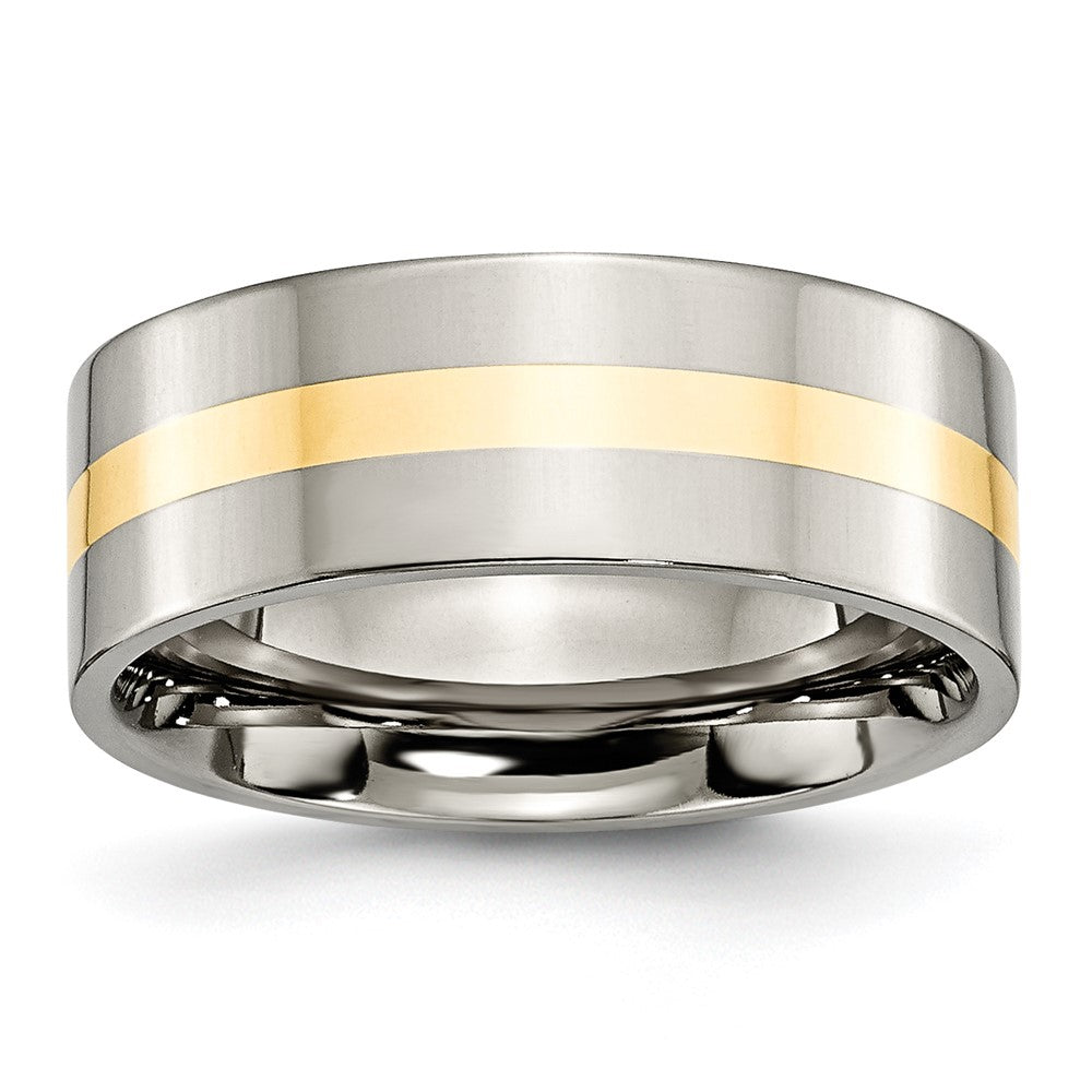 8mm Titanium & 14k Gold Inlay Polished Flat Standard Fit Band, Item R12039 by The Black Bow Jewelry Co.