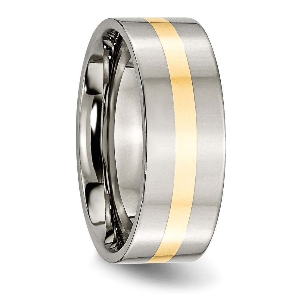Alternate view of the 8mm Titanium & 14k Gold Inlay Polished Flat Standard Fit Band by The Black Bow Jewelry Co.