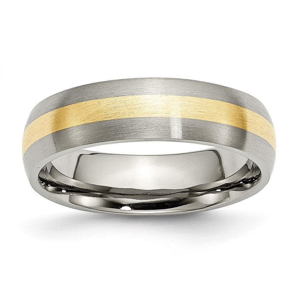 6mm Titanium &amp; 14k Gold Inlay Brushed Domed Standard Fit Band, Item R12040 by The Black Bow Jewelry Co.
